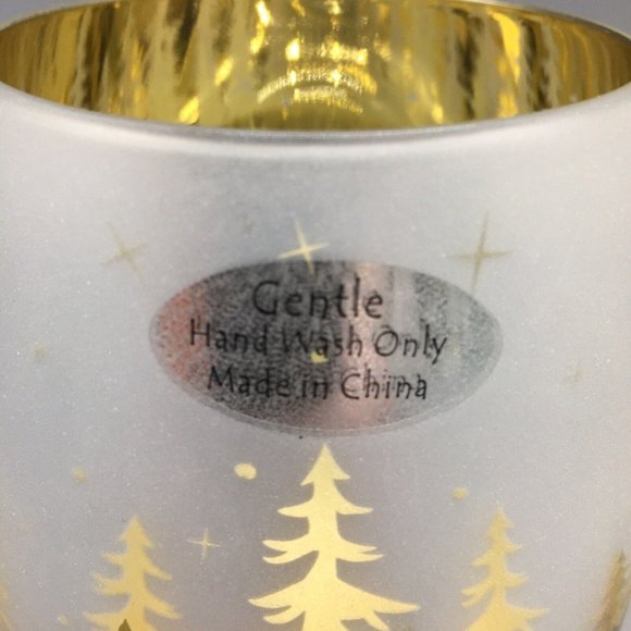x4 Christmas Gold Pine Trees Stemless Wine Glass Set Frosted Winter Forest Stars - Picture 7 of 9